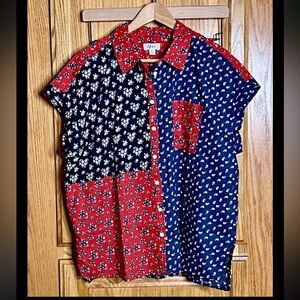 NEW Style & Co. Blouse Womens 2X Ditzy Floral Colorblock Red Blue Button-up